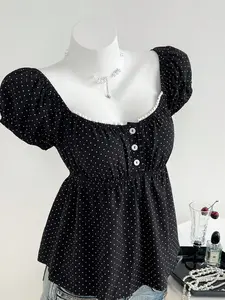 Summer New Slim Fit Fashion Elegant Ruffle U-Neck Polka Dot Three Button Short Sleeve Top, Stylish and Comfortable Women's Clothing