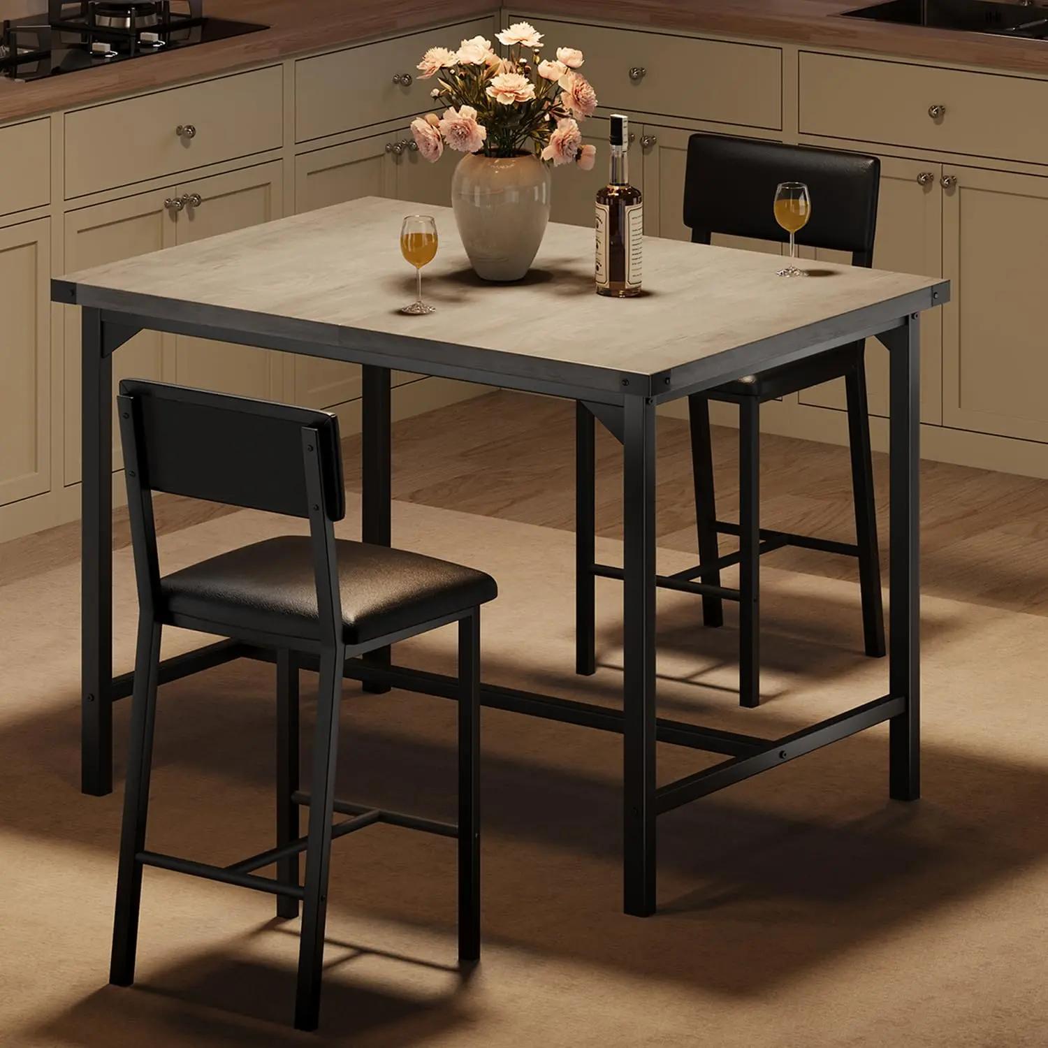 Garvee Rustic Gray Dining Table Set for 2 with Corner Protectors, Counter Height Table Featuring Footrest and Backrest, Includes 2 Upholstered Bar Stools, Perfect for Apartments and Pubs