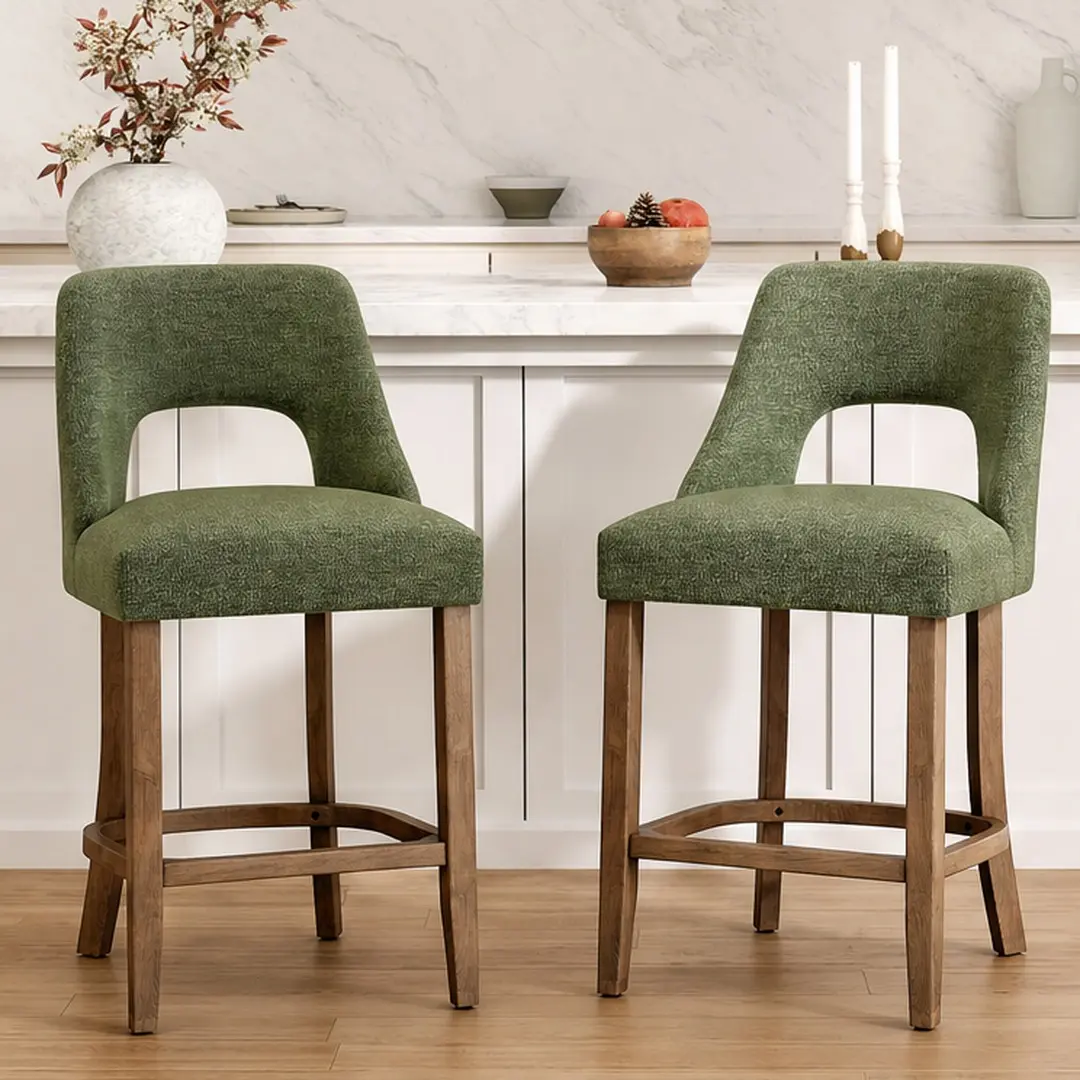 Bar Stools Set of 2, Upholstered Counter Height Bar Stools, Modern Kitchen Island Stools with Solid Wood Legs, Wingback Backrest, Foam Padded Seat, Multiple Color Options for Dining Room Bar, Green/Beige/Navy, Beige/Green/Navy Color Options
