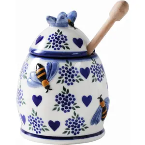 Ceramic Honey Pots with Dipper and Lid Farmhouse Style, 10oz Handpainted Honey Jar with Dipper, Honey Jars with Bees, Easily Wash Deep Love