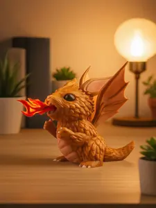 3D Printed Glossy PETG Articulated Baby Fire Dragon Beast Desk Toy - 3D-Printed Collectible Miniature Animal Decorative Ornament Figurines, Removable Flame Light Decor, Collectible Figurines