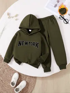 Boys' Thick Fleece Hoodie & Pants Set, Newyork Print, Fall Winter Casual Outdoor Sportswear, Warm Long Sleeve Pullover, Ideal Gift for Kids, Clothes Kids, Hoodies