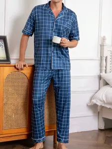 Men's Spring & Fall Sleepwear Set, Casual Comfort Blue Plaid Print, Short Sleeve Long Pants Two-Piece Home Loungewear