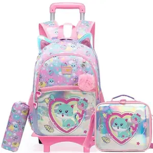 2-in-1 Detachable Rolling Backpack for Girls 3Pcs Set, Cute Cat Ears School Bag with Wheels, Holographic Kitten Trolley Bookbag with Lunch Box for Kids