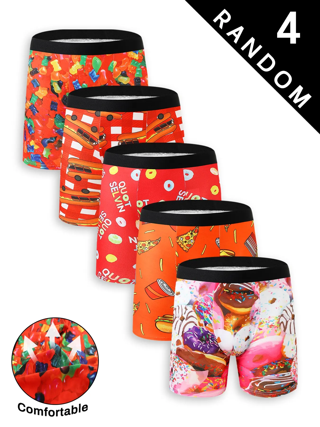 Random 4pack Men's Elastic Waist Underwear with Food Patterns, Comfortable Cotton Boxer Shorts, Soft Fitting Design for All Seasons