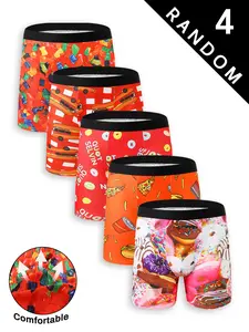 Random 4pack Men's Underwear with Food Patterns, Comfortable Cotton Boxer Shorts, Soft Fitting Design for All Seasons