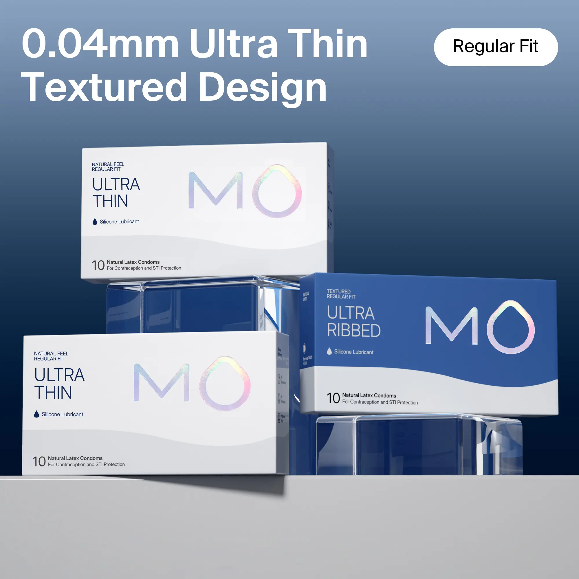 MO Men's Natural Latex Condoms, 0.04mm Ultra-Thin, Ultra-Ribbed, pH-Balanced for Sensitive Skin, Silicone Sensation, Minimal Barrier, Natural Experience, Universal Fit, 10-Count Contraceptive