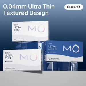 MO Men's Natural Latex Condoms, 0.04mm Ultra-Thin, Ultra-Ribbed, pH-Balanced for Sensitive Skin, Silicone Sensation, Minimal Barrier, Natural Experience, Universal Fit, 10-Count Contraceptive