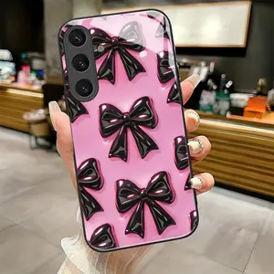 Pink Bow Delight pattern suitable for Samsung Galaxy S25 S25edge S25FE S25Plus S25ULTRA 5G Pretty Protective Phone Case Cover,Black Frame Glass Phone Case Individual Design,Is Suitable for Every Holiday Gift
