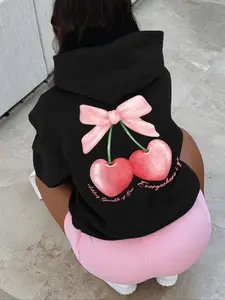 Women's Cherry & Letter Print Thermal Lined Long Sleeve Fitted Hoodie, Fashion Casual Drawstring Pocket Hooded Sweatshirt for Daily Holiday Outdoor Wear, Ladies Clothes for Fall & Winter, Cherry And Letter Hoodie, Womenswear