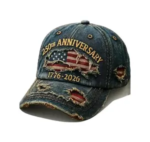250th Anniversary 1776-2026 Distressed Denim Baseball Cap Unisex Embroidered Adjustable Baseball Cap with American Flag Design Vintage Washed Relaxed Fit for History Lovers Patriotic Fans Friends Gifts All-season