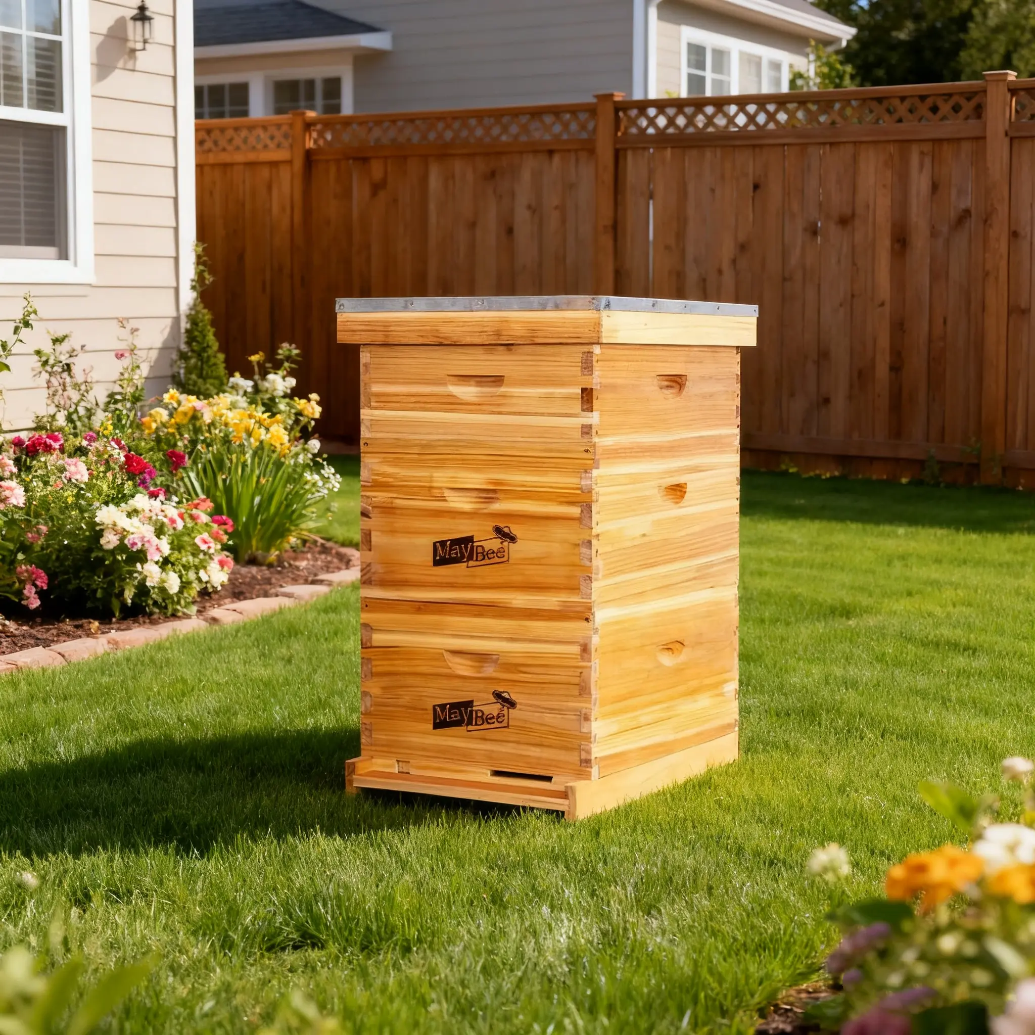 MayBee Hives 10-Frame 3-Layer Durable Cedar Wooden Bee Hive Kit for Beginners, Langstroth Set with Wax-Coated Deep Box, Medium Super Box, Beeswax-Coated Plastic Foundation, Plastic Queen Excluder, Assembly Nails