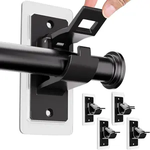 4 Pack Adhesive Curtain Rod Holders No Drilling, Renter Friendly Curtain Rod Brackets, Heavy Duty Curtain Rod Hooks Hanger for 0.5'' to 1.2'' Rods, Apartment Bathroom Dorm Kitchen (Black)