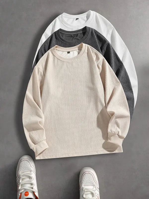 3-pack spring/autumn men’s corduroy pullover sweatshirts for outerwear, featuring a widened collar that doesn’t constrict the neck and prevents friction, matte low-saturation colors suitable for commuting outfits that are less prone to going out of style.
