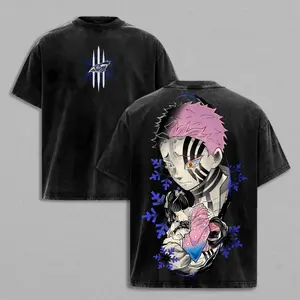 Akaza vs Koyuki Oversized Washed T-Shirt – Demon Slayer Kimetsu no Yaiba Vintage Heavy Cotton Unisex Tee Anime Manga Streetwear Retro Graphic Top Otaku Merch Gift for Fans