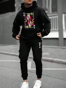 Two-Piece Set Men's Poker Print Pocket Drawstring Hoodie & Sweatpants Set, Regular Fit Casual Long Sleeve Hooded Sweatshirt & Pants for Daily Wear, Men's Outfits for Fall & Winter