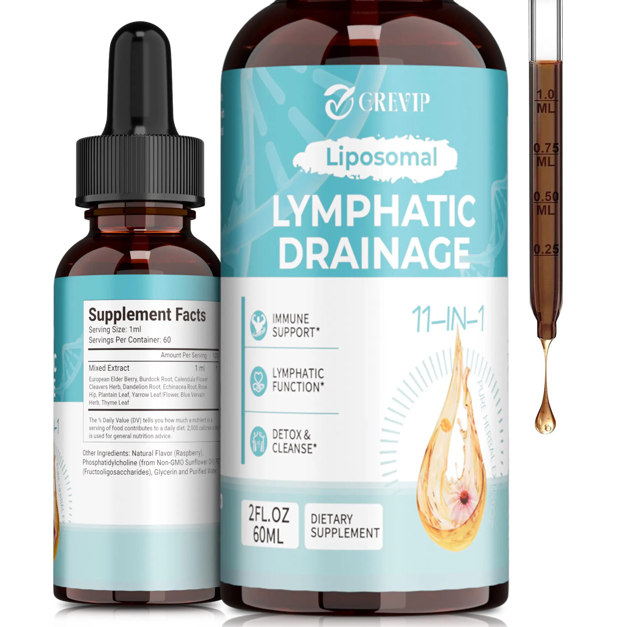 Grevip Liposomal Lymphatic Drainage Drops - 11-In-1 Organic Botanical Healthcare Dietary Supplement with Nature-Derived Plant & Organic Herbs (Burdock Root, Echinacea, Elderberry, Calendula, Cleavers Herb, Dandelion) for Lymphatic Health Support, 2 fl oz