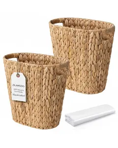 2 Pack Handwoven Hyacinth - Natural Wicker Waste Basket with Wooden Handles, Slim Oval for, Bedroom, Office (13"x7.5"x12")| Eco-Friendly &-Saving Bin (2)