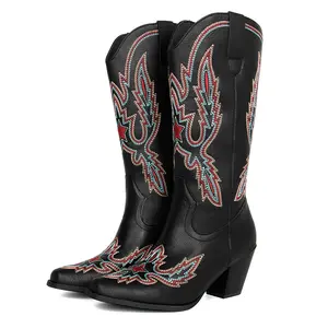 Women's Snip Toe Western Cowgirl Cowboy Boots Mid Calf Country Wedding Boots with Embroidered Feathers Rhinestones Walking Shoes Premium Synthetic Leather Cushioned Insoles Breathable Mesh Lining Black Classic Stylish boots for women knee high