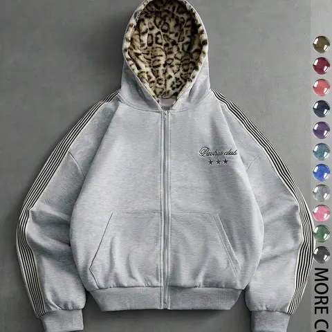 Men's Casual Leopard Hooded Cardigan, Long Sleeve Zipper Letter Print, Loose Fit Hoodie, Fall Fashion, Comfortable Daily Wear