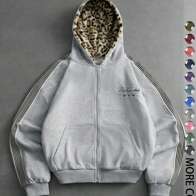 Men's Casual Leopard Hooded Cardigan, Long Sleeve Zipper Letter Print, Loose Fit Hoodie, Fall Fashion, Comfortable Daily Wear