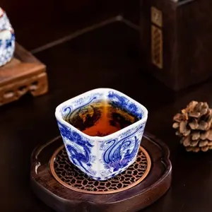 A332. Jingdezhen Dragon Phoenix Square Tea Cup — high-temperature underglaze ceramic master tea cup