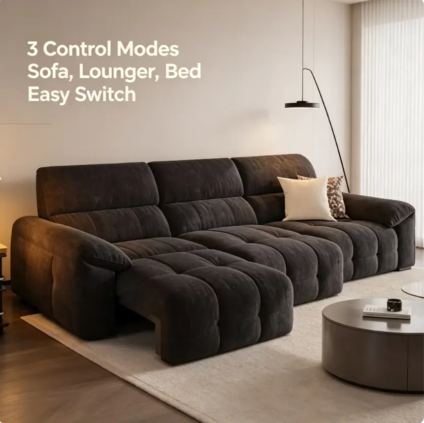 Dark modular cloud sectional sofa with plush channel tufted cushions. Soft textured fabric delivers sink-in comfort. Detachable chaise allows flexible layout adjustment. Modern minimalist design, perfect for creating a cozy lounge space