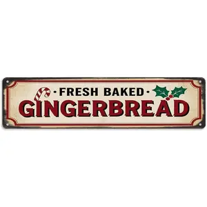 Rustic Christmas Baking Tin Sign - ''Fresh Baked Gingerbread'' Metal Sign, Vintage Art Sign For Home, Kitchen, Baking Room, Bar or Cafe, Candy Store Wall Decor, Christmas Decor 4x16 Inch