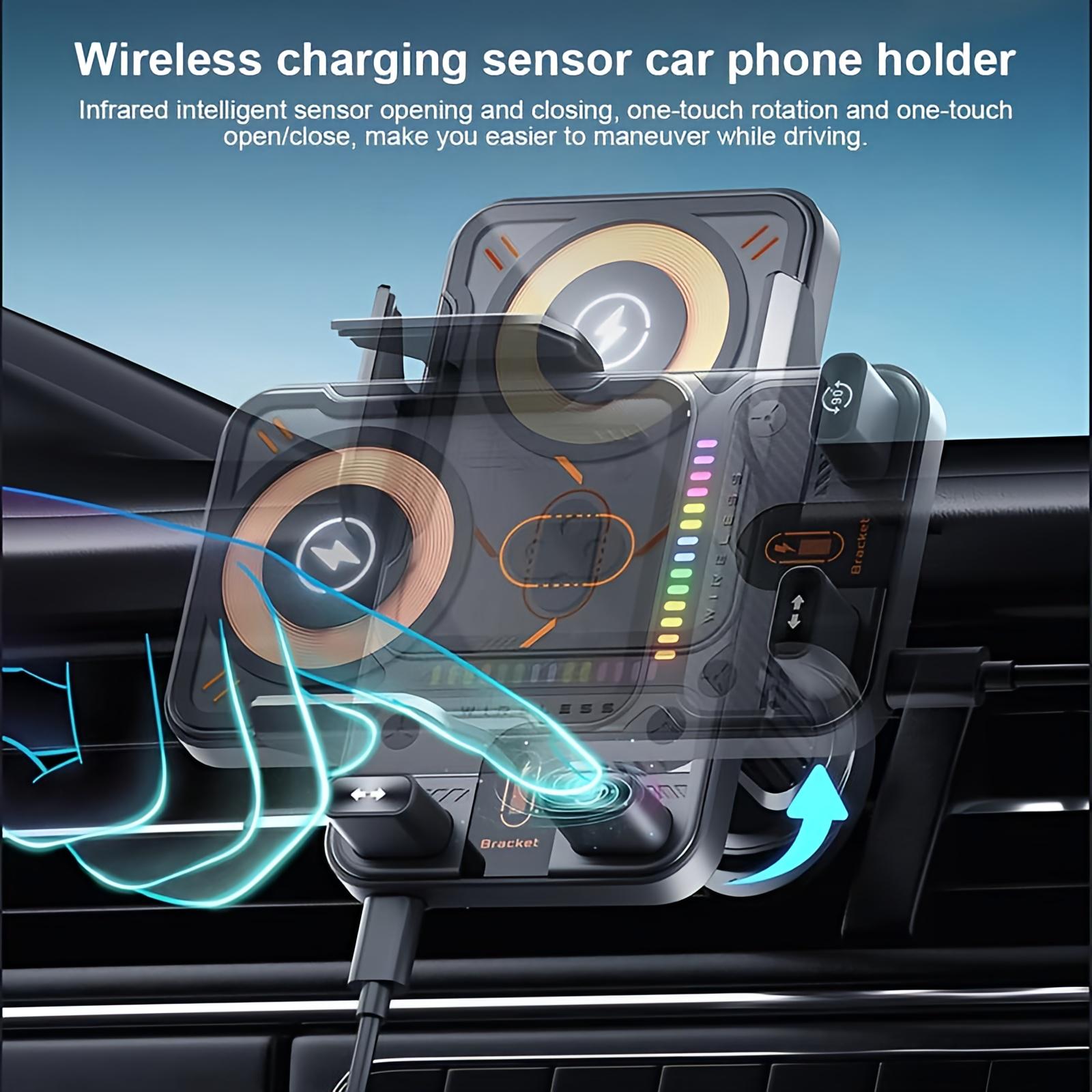 15W Wireless Car Charger Phone Holder, Auto-Clamping Air Vent Mount with 90° Rotation, Compatible with iPhone and Android Smartphones