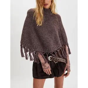 Womens Sweater Ponchos High Neck Loose Fit Solid Color Winter Tassel Capes and Shawls
