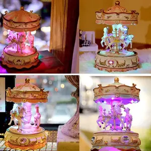 Clockwork Carousel Music Box 3 Rotating Horses Color-Changing LED Timeless Melody Luxury Home Decor Ideal for Christmas Birthdays Valentine's (Pink)