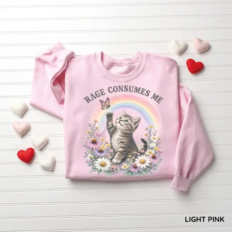 Vintage Rage Consumes Me Sweatshirt, Funny Cat Graphic Crewneck, Ironic Meme Pullover, Floral Kitten Rainbow Top, Sarcastic Animal Lover Gift