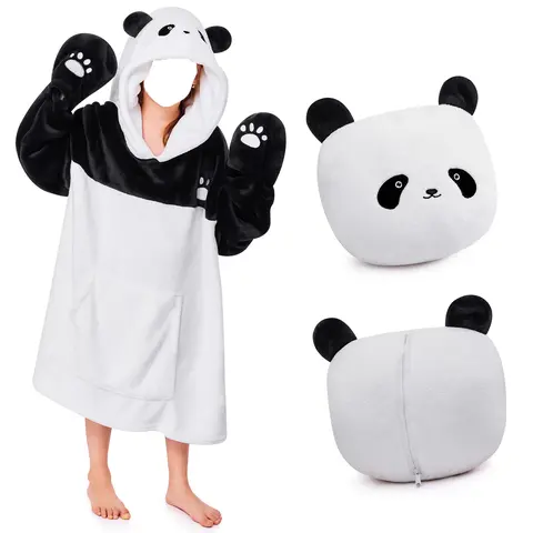 【Back to School】Portable Foldable Blanket Pillow , Cuffs with Animal Embroidery, Wearable Blanket Hoodie for 5-10 Year