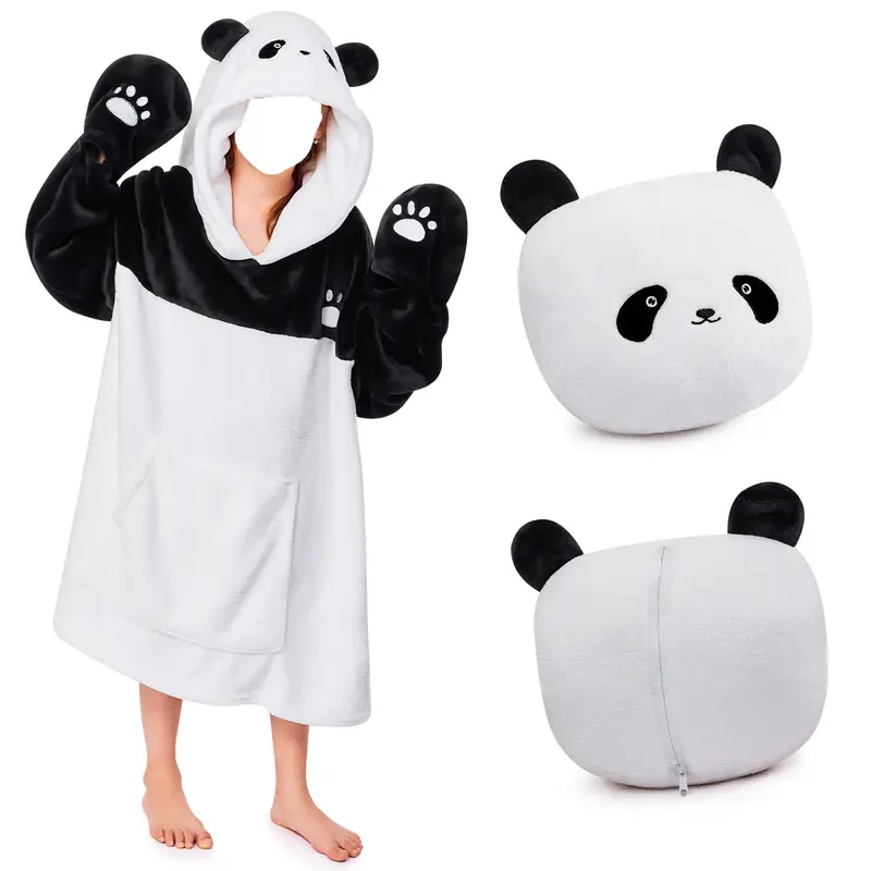 【Back to School】Portable Foldable Blanket Pillow , Cuffs with Animal Embroidery, Wearable Blanket Hoodie for 5-10 Year