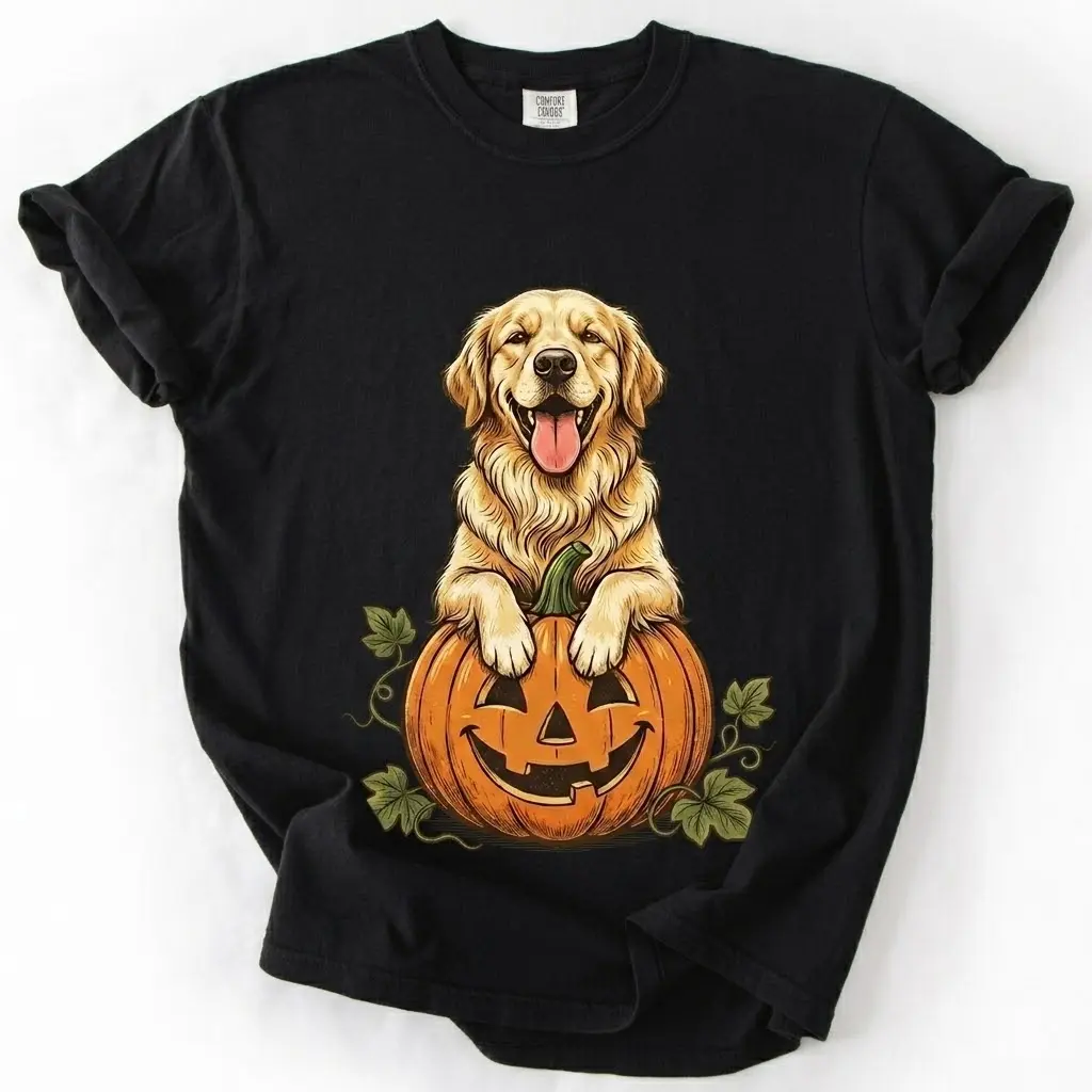 Comfort Colors Golden Retriever Halloween Pumpkin T-Shirt, Fall Dog Lover Graphic Tee Gift
