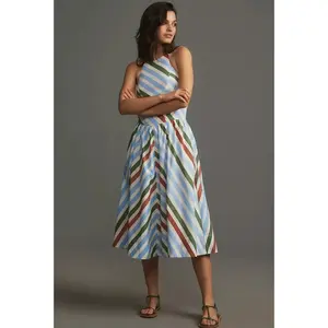 Anthropologie Maeve Halter Midi Sundress XXS Neutral Striped Motif