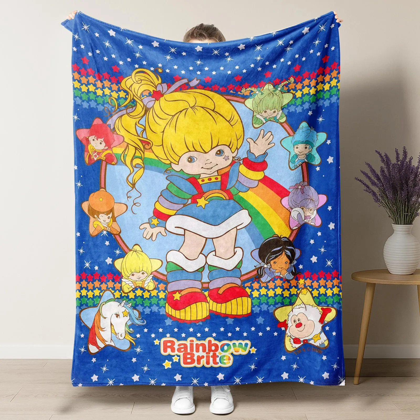Starry Blue Rainbow Brite Blanket, Iconic Characters & Rainbow Design, Ultra Soft Polyester Throw for Retro Nostalgia Enthusiasts