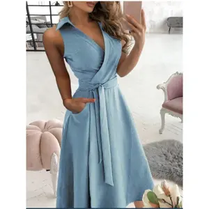 New Spring Women's Lapel Sleeveless Midi Dress Summer Fashionable V-neck Solid With Belt Elegant Office Lady Dressess Robe