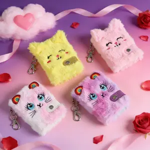 Cute Cartoon Plush Cat Face Notebook with Keychain, Rainbow Ears Design, Portable Mini Diary for Kids and Teens, School Bag Decoration Gift