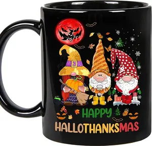Gnomes Thanksgiving, Halloween and Merry Christmas - Happy Hallothanksmas Gnomes, Cat, Unicorn Tee Gift Cups - Ceramic Coffee Mug