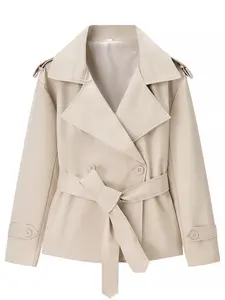 Women's Fashion Belted Short Jacket Coat, Pure Color Casual Outerwear, Stylish Style, Spring & Fall Clothing