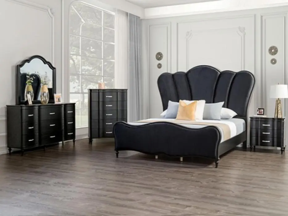 Eleanora FM7416BK-4PC 4-Piece Black Finish Wood Fabric Tufted Channel Headboard Queen Bedroom Set with Matching Dressers & Mirror
