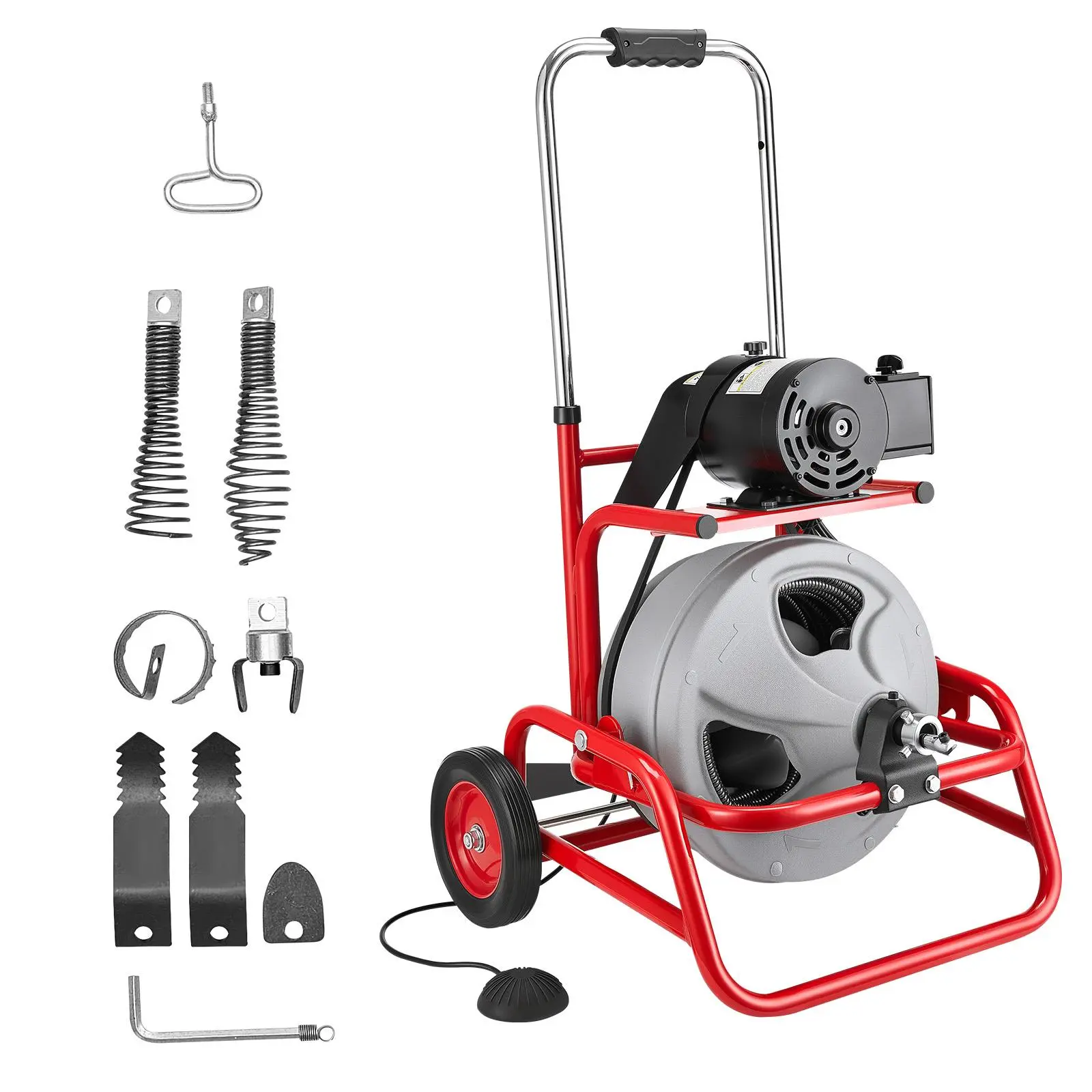 【summerfinds】VEVOR Drain Cleaner Machine 75 FT x 3/8 Inch, Sewer Snake Auger on Wheels, Manual Feed Drain Cleaning Machine with Adjustable Drum Angle, 6 Cutters & Air-activated Foot Switch for 2" to 4" Pipes