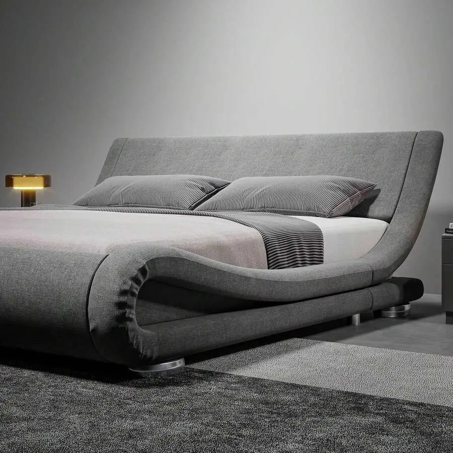 Faux Leather Upholstered Bed Frame - Full/Queen/King Sizes, Deluxe Low Profile Sleigh Design, Ergonomic Headboard, No Box Spring Needed, Easy Assembly, Modern Grey Indoor Bed