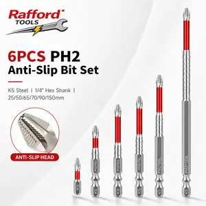 Rafford 6-Piece Ph2 Anti-Slip Screwdriver Bit Set, Dual R-Slot Cross Bits, Universal Drill Driver Bits, Extended Length