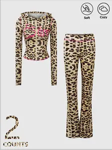 Y2K Stylish Summer Leopard Printed 2 Pieces Casual Street Outfit, Long Sleeve Zip-Up Hoodie Crop Top And Pants Set