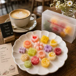 Edible wax bottle candies, containing burstable syrup - sweet mixed fruit flavor, cute cartoon design, refreshing taste, highly popular ASMR snack loved by children and teenagers.