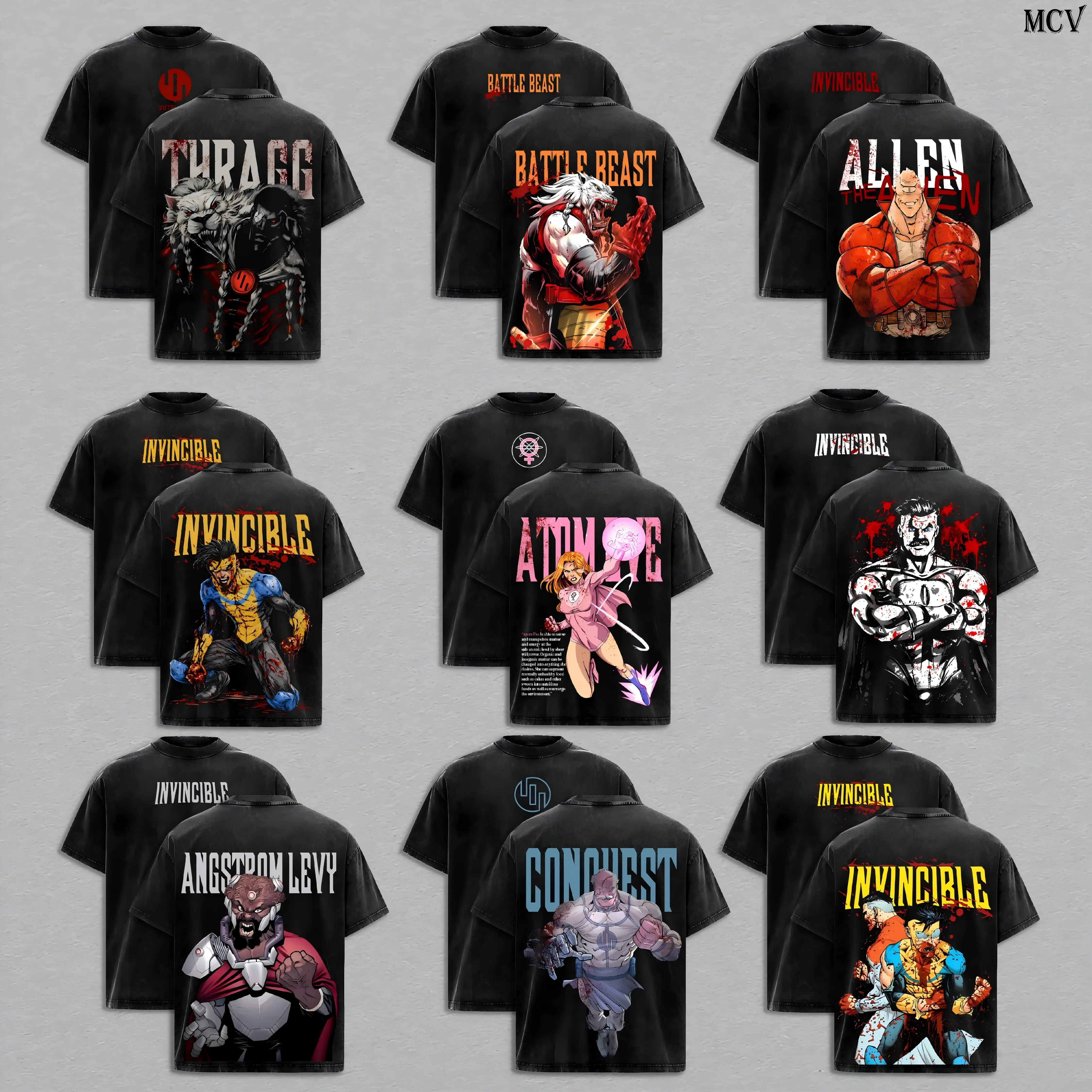 Men's Washed Short-Sleeve Soft Heavy Cotton T-Shirt - Invincible Viltrumite Collection, Anime Aesthetic Double-Printed Vintage Retro Streetwear, Multiverse Power Edition, Casual Graphic Tee, Menswear Tops, 4XL-5XL