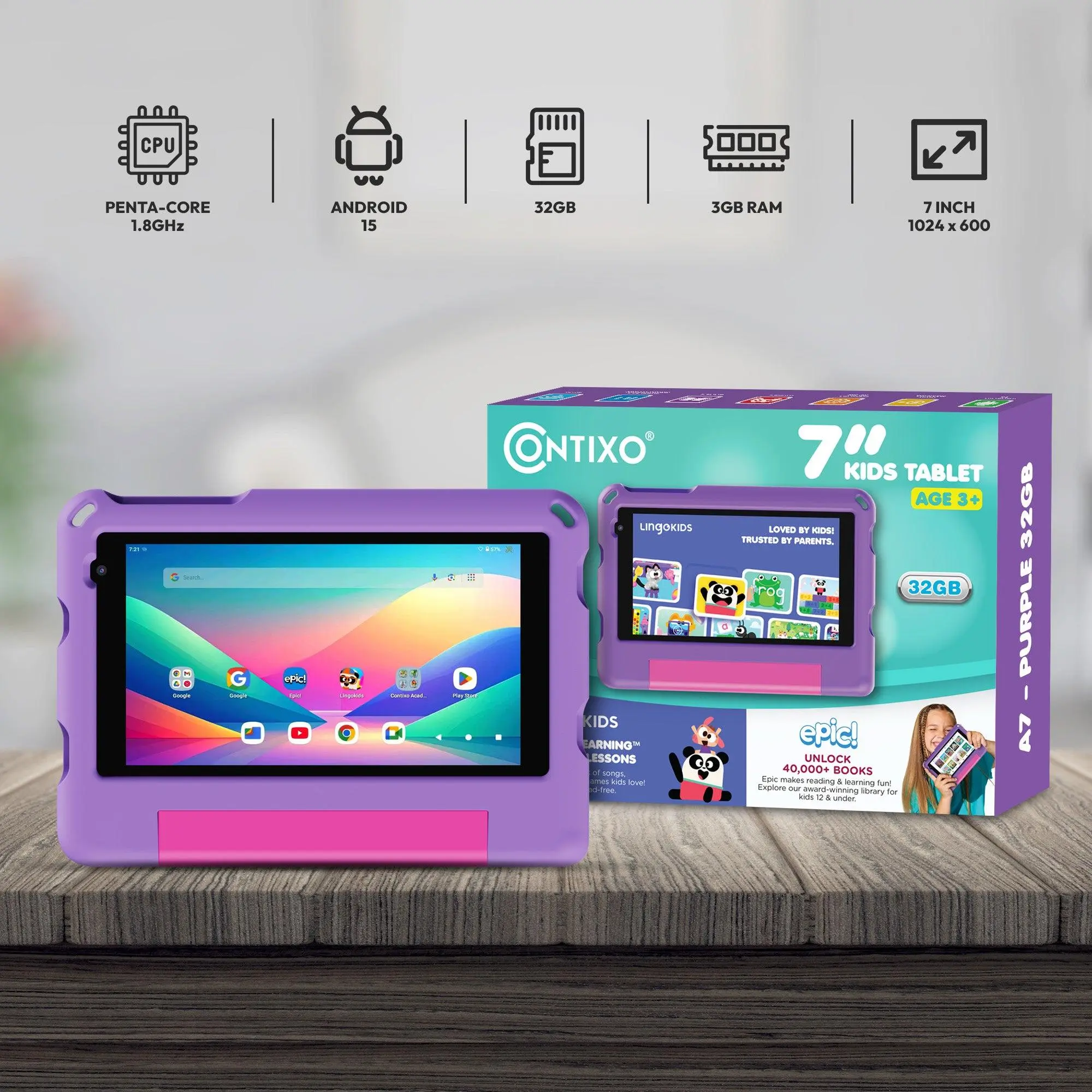 Contixo A7 7" Portable Digital Learning Entertainment Kids Tablet - 2026 Model, Android 15, 32GB, Epic! & Lingokids, Parental Control