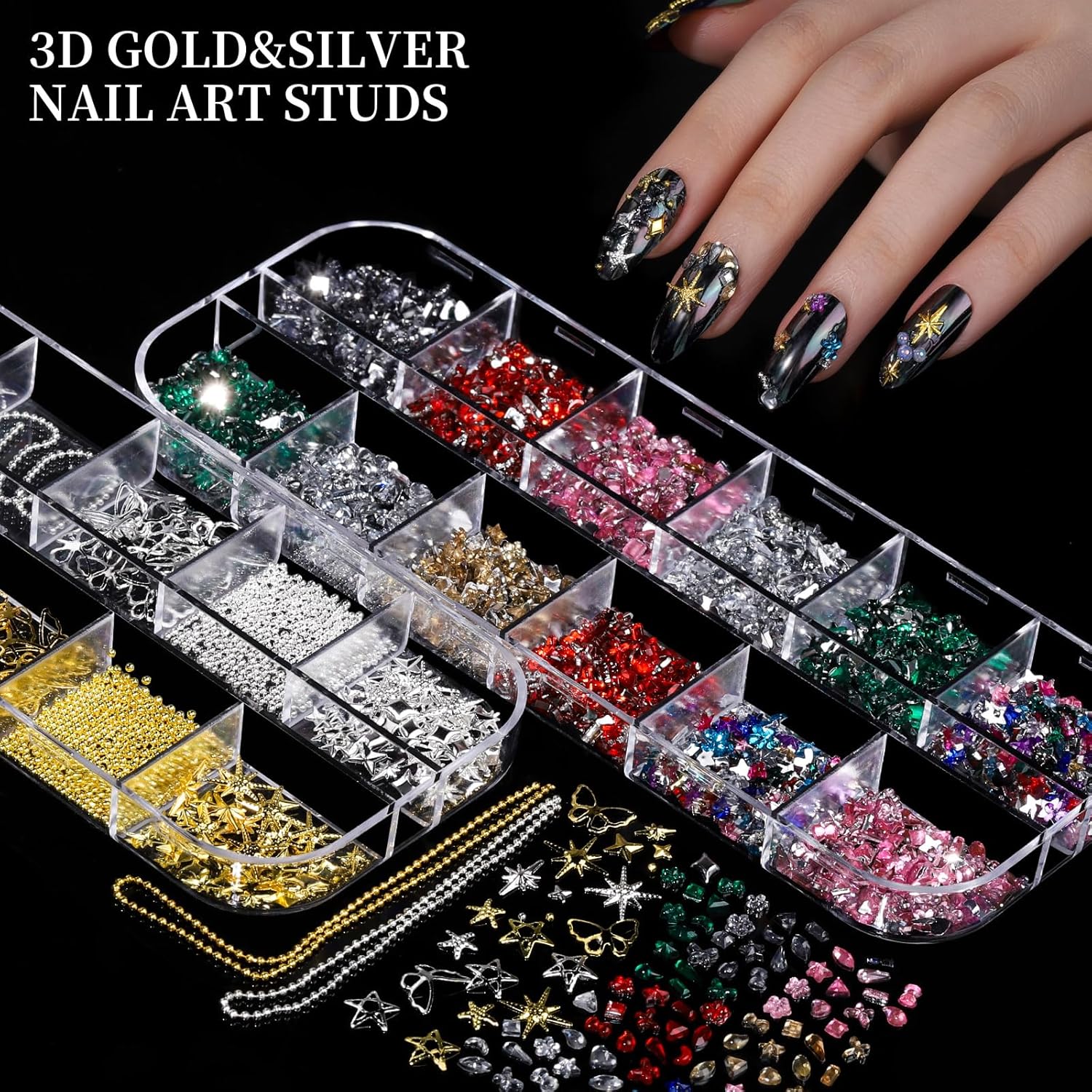 Nail Charms, Nail Rhinestones Kit with 8 Boxes of Nail Gems, 3D Charms for Nails, Colorful Clear Flatback Rhinestones, Multi Shape Pearls Jewels Crystals for Craft, Bedazzling Kit, Nail Supplies